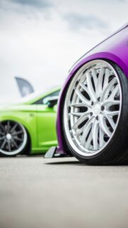 Purple and Lime Stance Car Wheel Close Up 4K Mobile Wallpaper