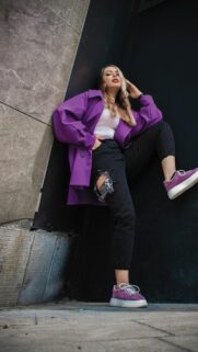 Stylish Woman in Purple Jacket Street Style Fashion Wallpaper