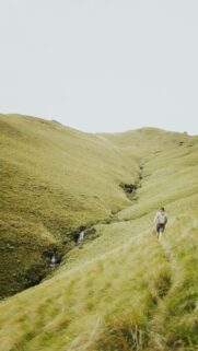 Hiker Trekking Through Green Mountain Valleys Mobile Wallpaper