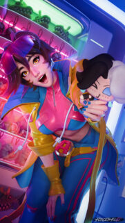 Vibrant Anime Girl with Plush Toy in Neon Claw Machine Arcade Wallpaper
