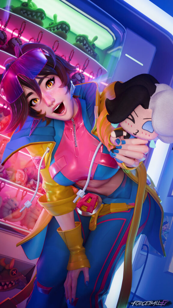 Vibrant Anime Girl with Plush Toy in Neon Claw Machine Arcade Wallpaper