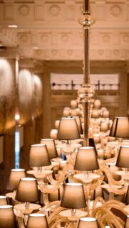 Elegant Chandelier with Golden Fabric Lampshades Mobile Wallpaper