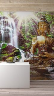 Zen Buddha Meditation and Waterfall Spiritual Serenity Wallpaper