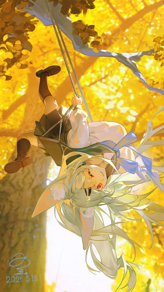 Anime Girl on Swing in Golden Autumn Forest Wallpaper for Mobile