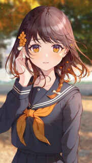 Beautiful Anime Schoolgirl with Amber Eyes and Braided Hair Mobile Wallpaper