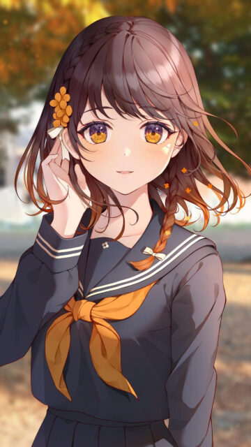 Beautiful Anime Schoolgirl with Amber Eyes and Braided Hair Mobile Wallpaper