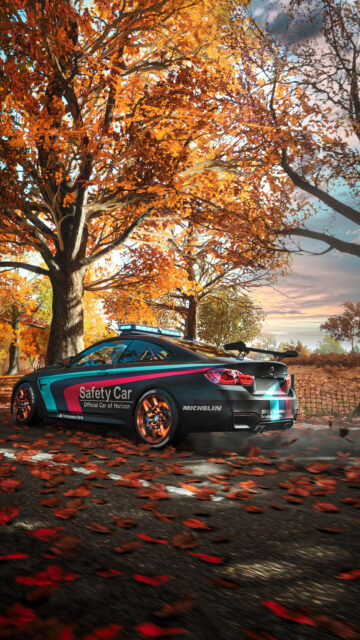 BMW M4 Safety Car Autumn Forest Wallpaper for Mobile