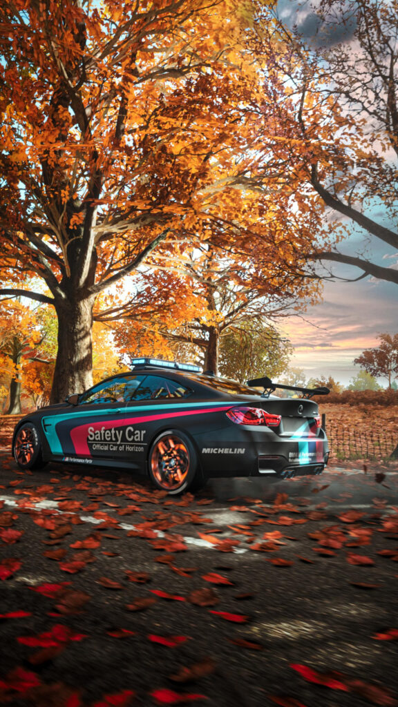 BMW M4 Safety Car Autumn Forest Wallpaper for Mobile