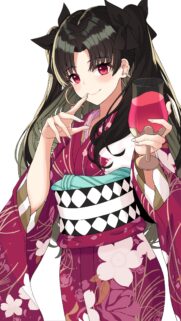 Rin Tohsaka Anime Girl in Elegant Kimono Holding Wine Glass Wallpaper