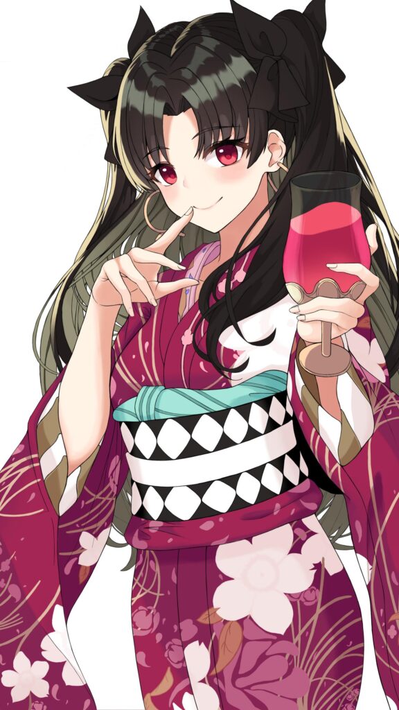 Rin Tohsaka Anime Girl in Elegant Kimono Holding Wine Glass Wallpaper
