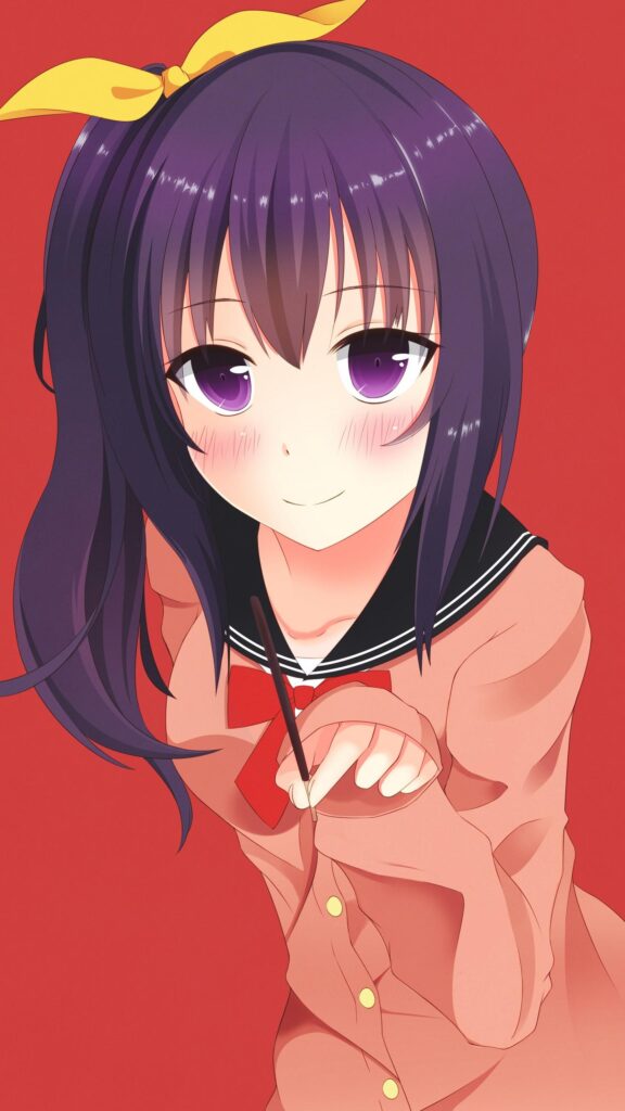 Cute Anime Girl with Purple Hair and Yellow Ribbon Mobile Wallpaper