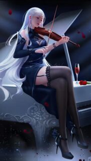 Elegant Anime Girl Playing Violin on Grand Piano Wallpaper