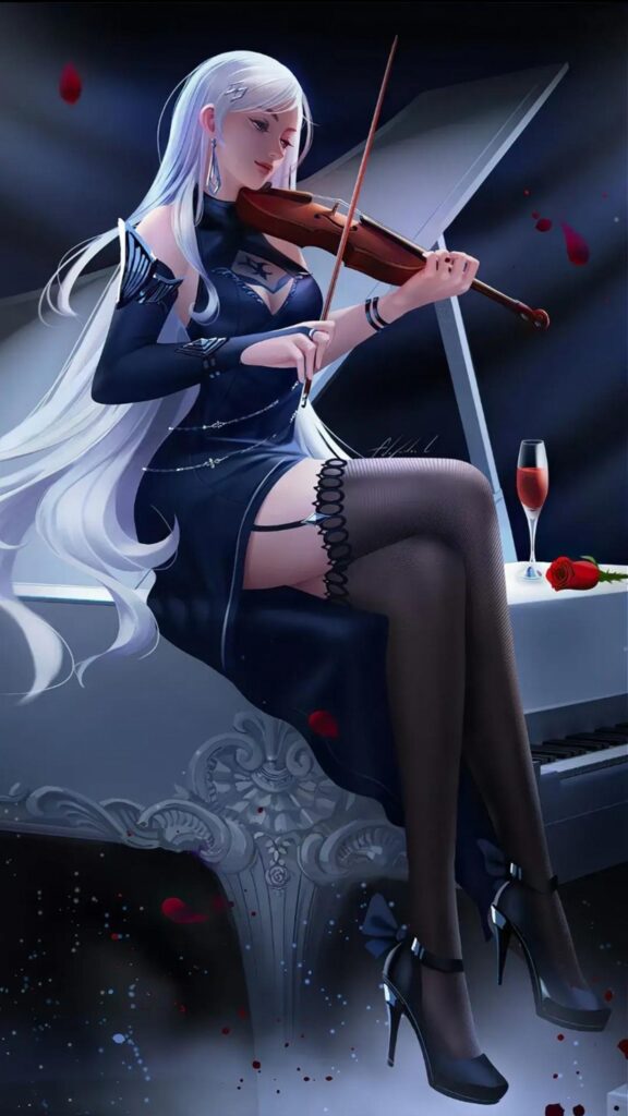Elegant Anime Girl Playing Violin on Grand Piano Wallpaper
