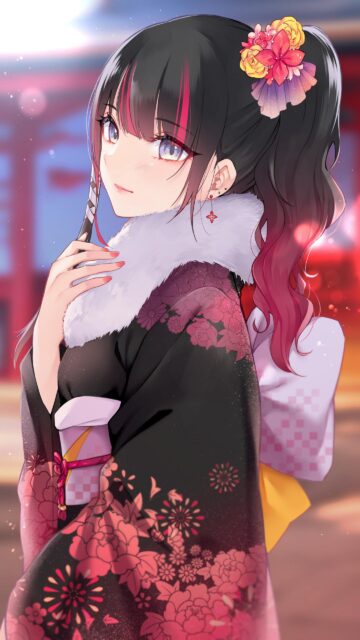 Stunning Anime Girl in Traditional Kimono with Floral Hair Ornament Wallpaper