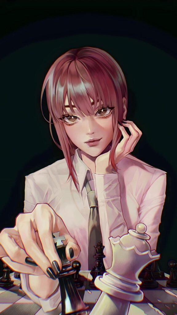 Makima Chainsaw Man Playing Chess Aesthetic Wallpaper for Mobile