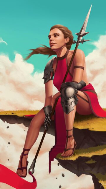 Warrior Woman with Spear Standing on Floating Island Digital Art Wallpaper