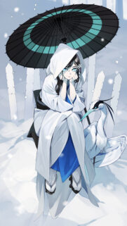 Anime Girl in Traditional White Kimono with Heron in Snowy Winter Wallpaper
