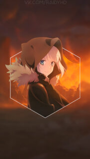 Anime Girl in Fur Hood with Fiery Background Hexagon Art Wallpaper