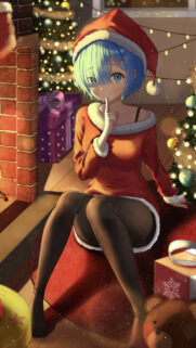 Rem Re Zero Christmas Anime Wallpaper – Cute Santa Girl by Fireplace