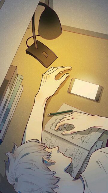 Anime Boy Studying Late Night Aesthetic Phone Wallpaper