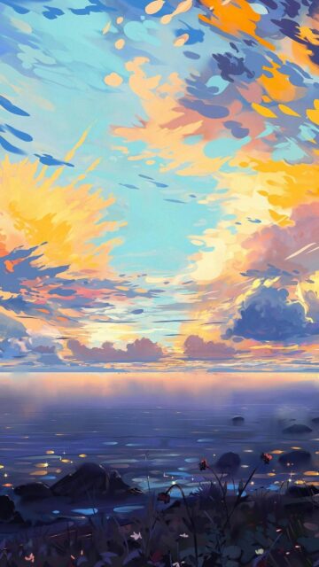 Stunning Anime Style Sunset Over Calm Ocean Digital Art Wallpaper