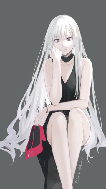 Stunning Anime Girl with Long White Hair in Black Dress Wallpaper