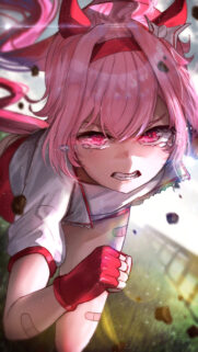 Angry Anime Girl with Pink Hair and Glowing Eyes Wallpaper