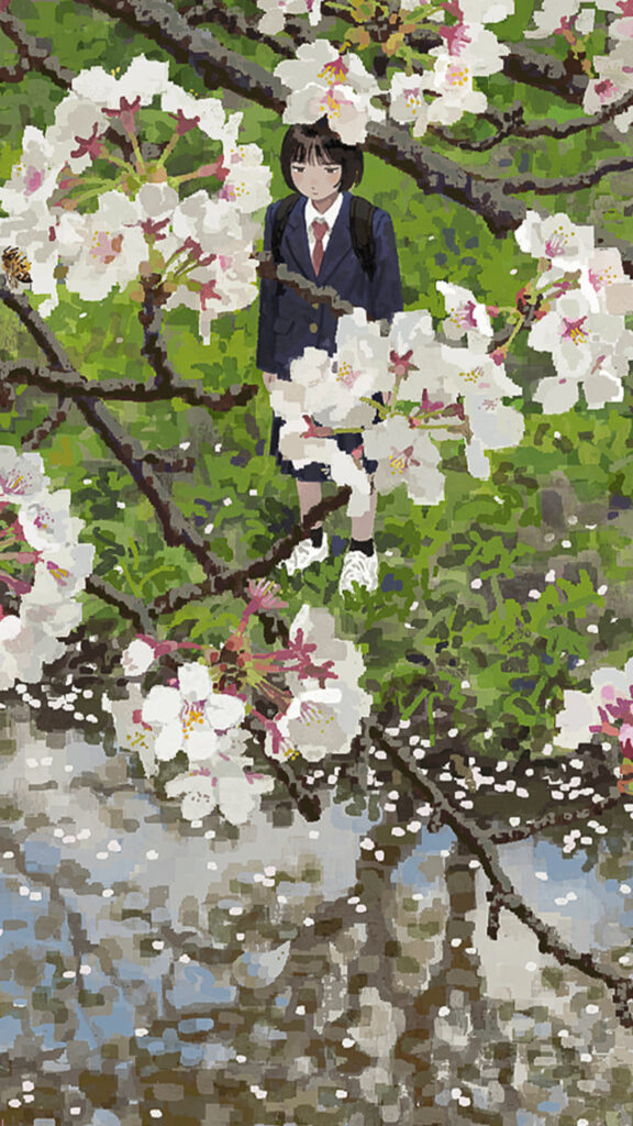 Anime Schoolgirl Under Blooming Cherry Blossom Trees Artistic Phone Wallpaper