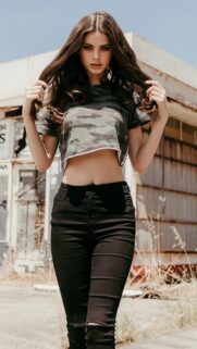 Beautiful Brunette Girl in Camo Crop Top Urban Photoshoot Wallpaper