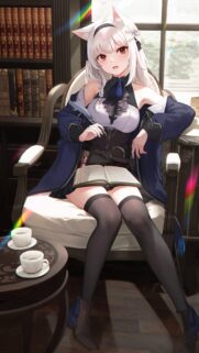 Anime Cat Girl Reading Book in Library Study Wallpaper