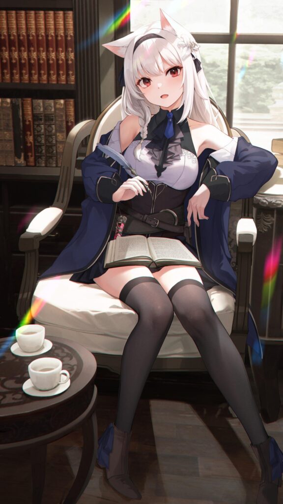 Anime Cat Girl Reading Book in Library Study Wallpaper