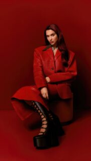 Dua Lipa in Vibrant Red Leather Outfit Mobile Wallpaper