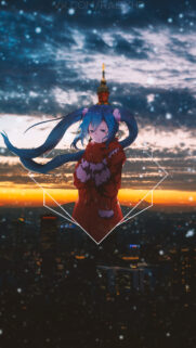 Hatsune Miku Winter Sunset Tokyo Tower Aesthetic Mobile Wallpaper