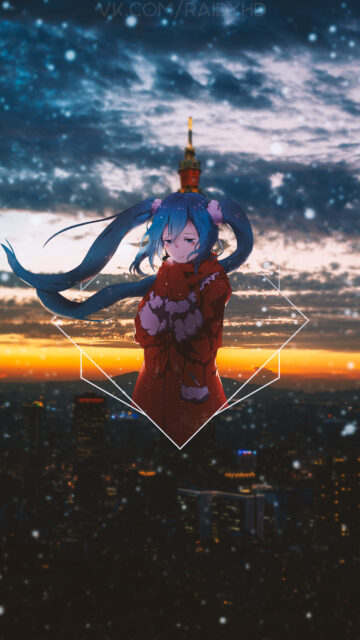 Hatsune Miku Winter Sunset Tokyo Tower Aesthetic Mobile Wallpaper