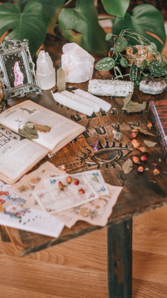 Sacred Manifestation Altar with Healing Crystals and Mystical Symbols Wallpaper