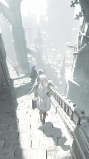 Frieren Beyond Journey Ends Anime Wallpaper in Ethereal White Fantasy City Setting