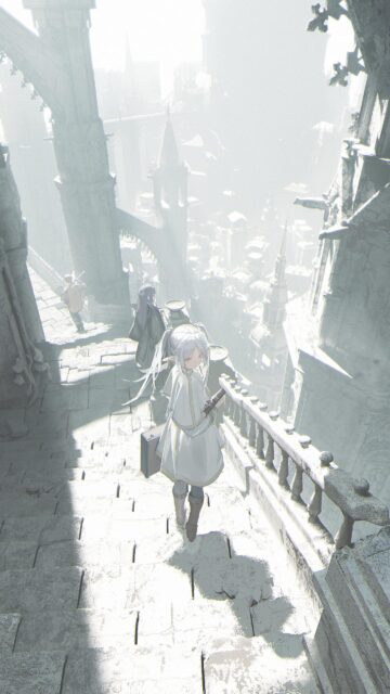 Frieren Beyond Journey Ends Anime Wallpaper in Ethereal White Fantasy City Setting