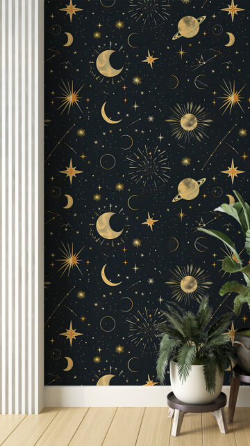 Mystical Celestial Night Sky Gold Starry Pattern Aesthetic Wallpaper