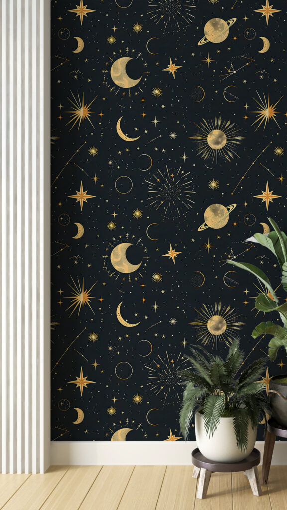 Mystical Celestial Night Sky Gold Starry Pattern Aesthetic Wallpaper