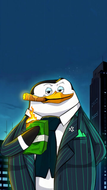 Gangster Penguin Burning Money Mobile Wallpaper