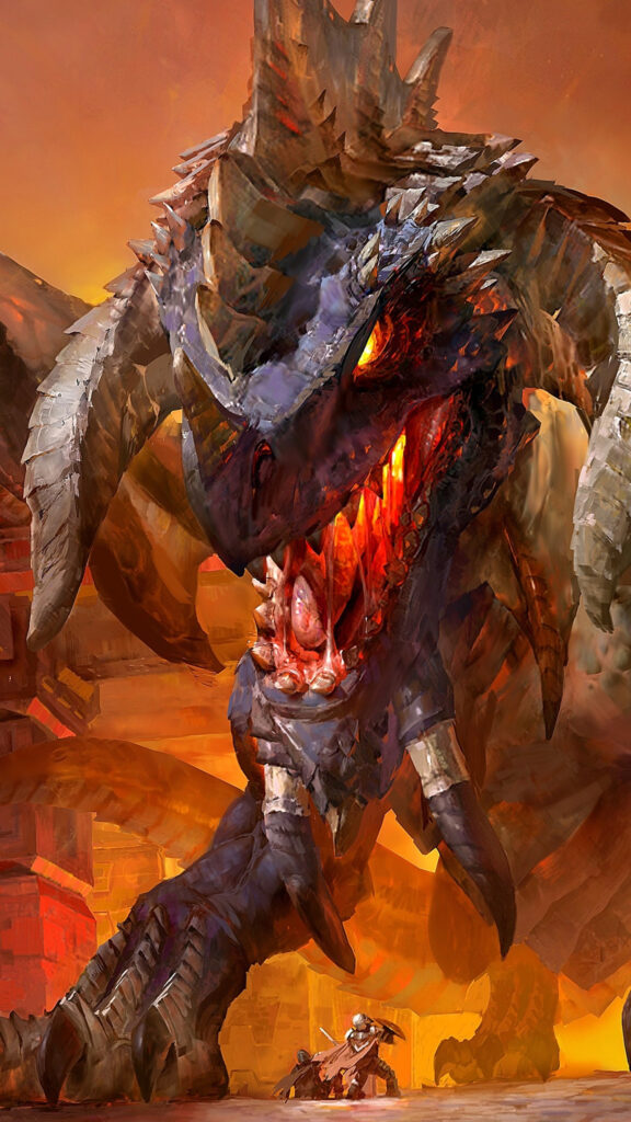 Epic Fire Dragon vs Knight Fantasy Battle Phone Wallpaper