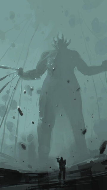 Giant Entity Confronting Small Warrior Mobile Wallpaper