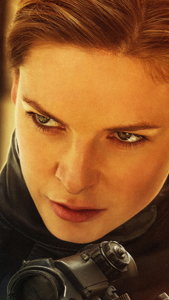 Intense Female Operative Cinematic Close-up Mobile Wallpaper