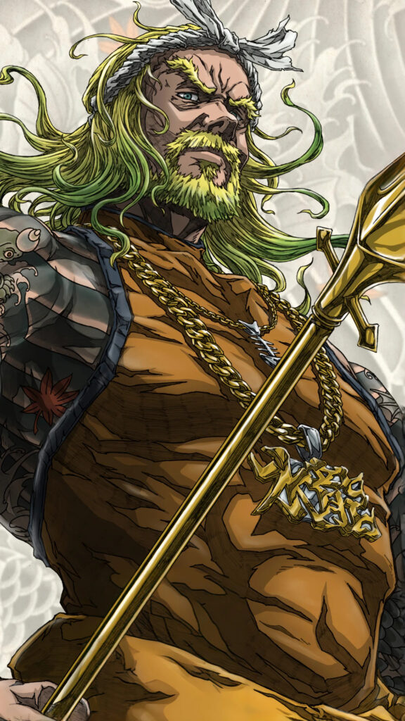 Tattooed Viking Warrior With Golden Spear Mobile Wallpaper