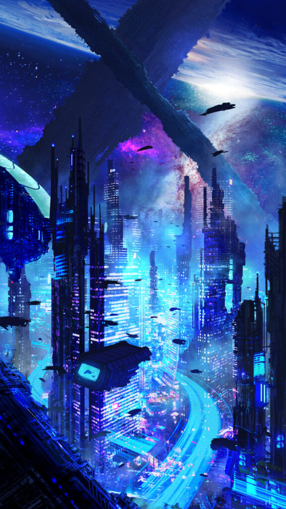 Futuristic Sci-Fi Megacity Skyline Mobile Wallpaper