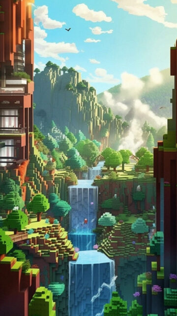 Voxel Fantasy Landscape Vertical Mobile Wallpaper
