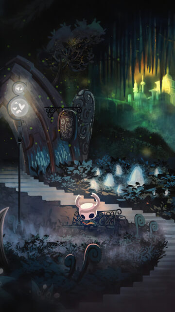 Hollow Knight Sitting on a Bench Mobile Wallpaper