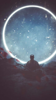 Zen Meditation Monk Under Glowing Lunar Halo Spiritual Peace Wallpaper