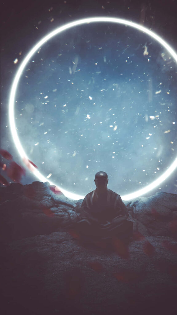 Zen Meditation Monk Under Glowing Lunar Halo Spiritual Peace Wallpaper