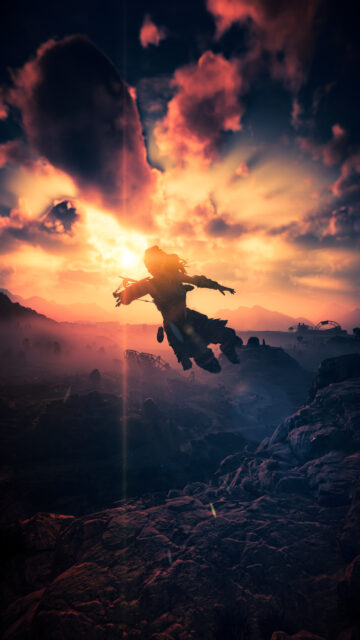 Aloy Soaring Over Horizon Landscapes Mobile Wallpaper